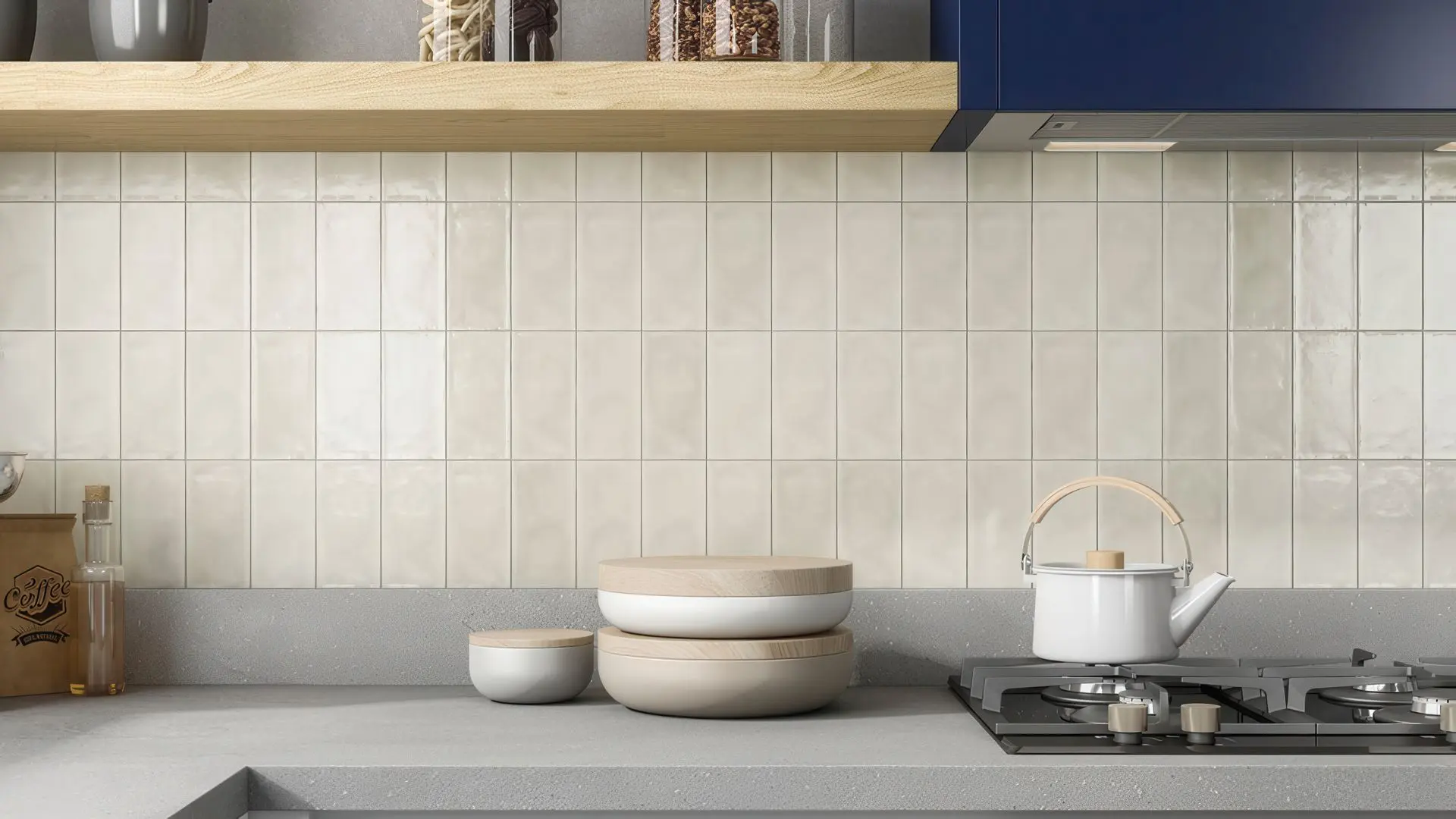 Vertical ceramic tile backsplash in a modern kitchen