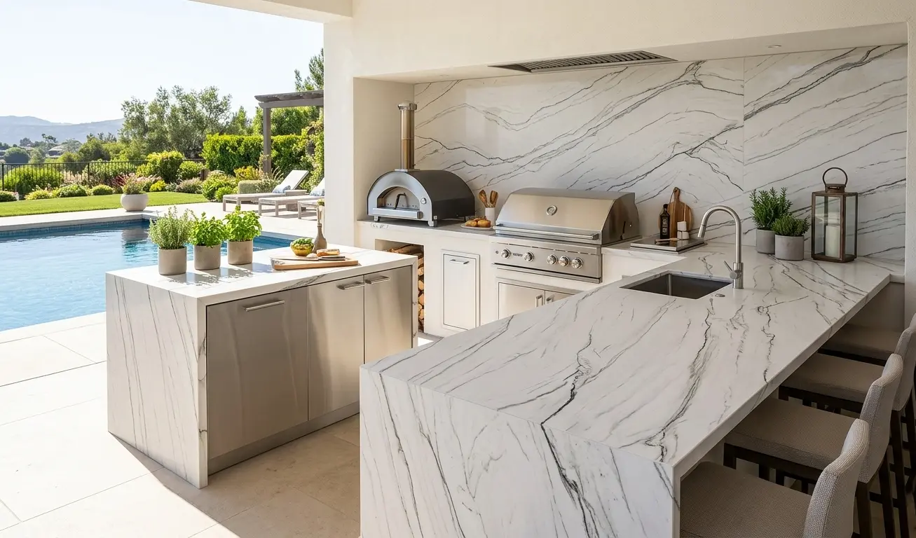 Zermatt Quartzite natural stone slab installed as a luxury outdoor kitchen