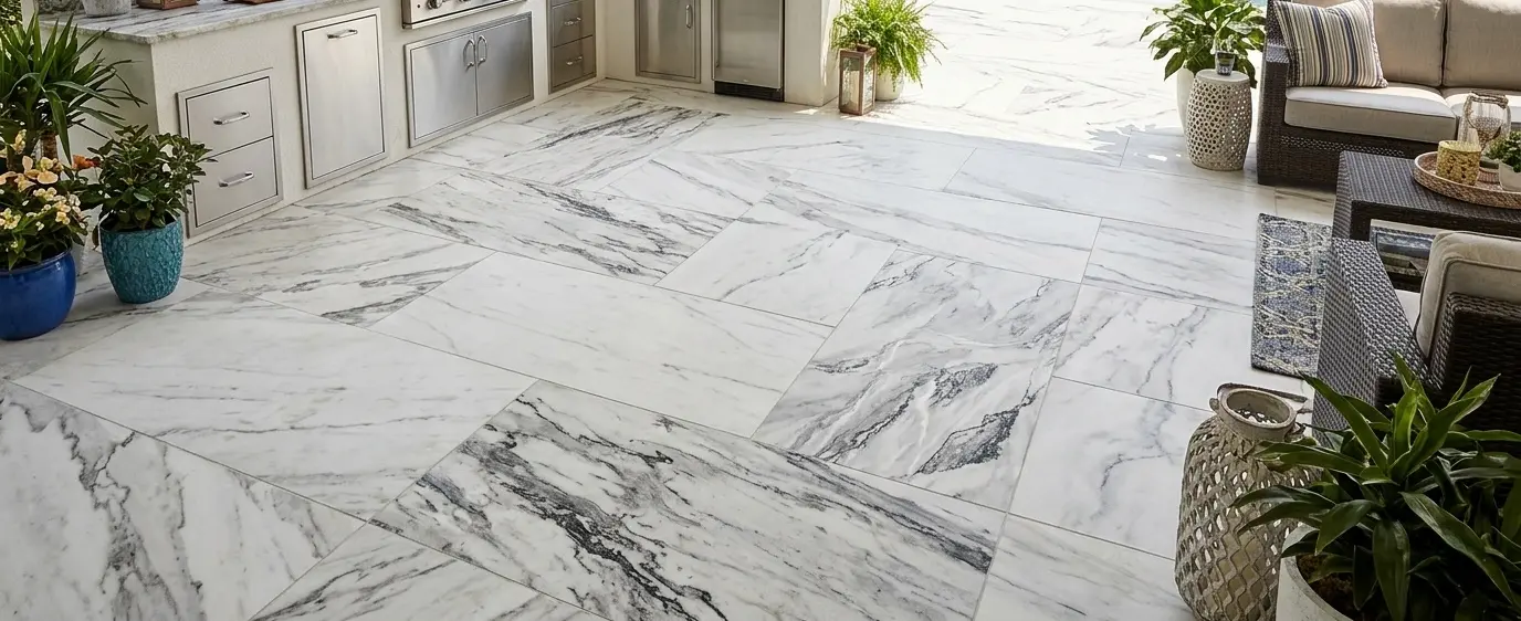 Outdoor patio surface in Zermatt Quartzite showing multiple slab colors