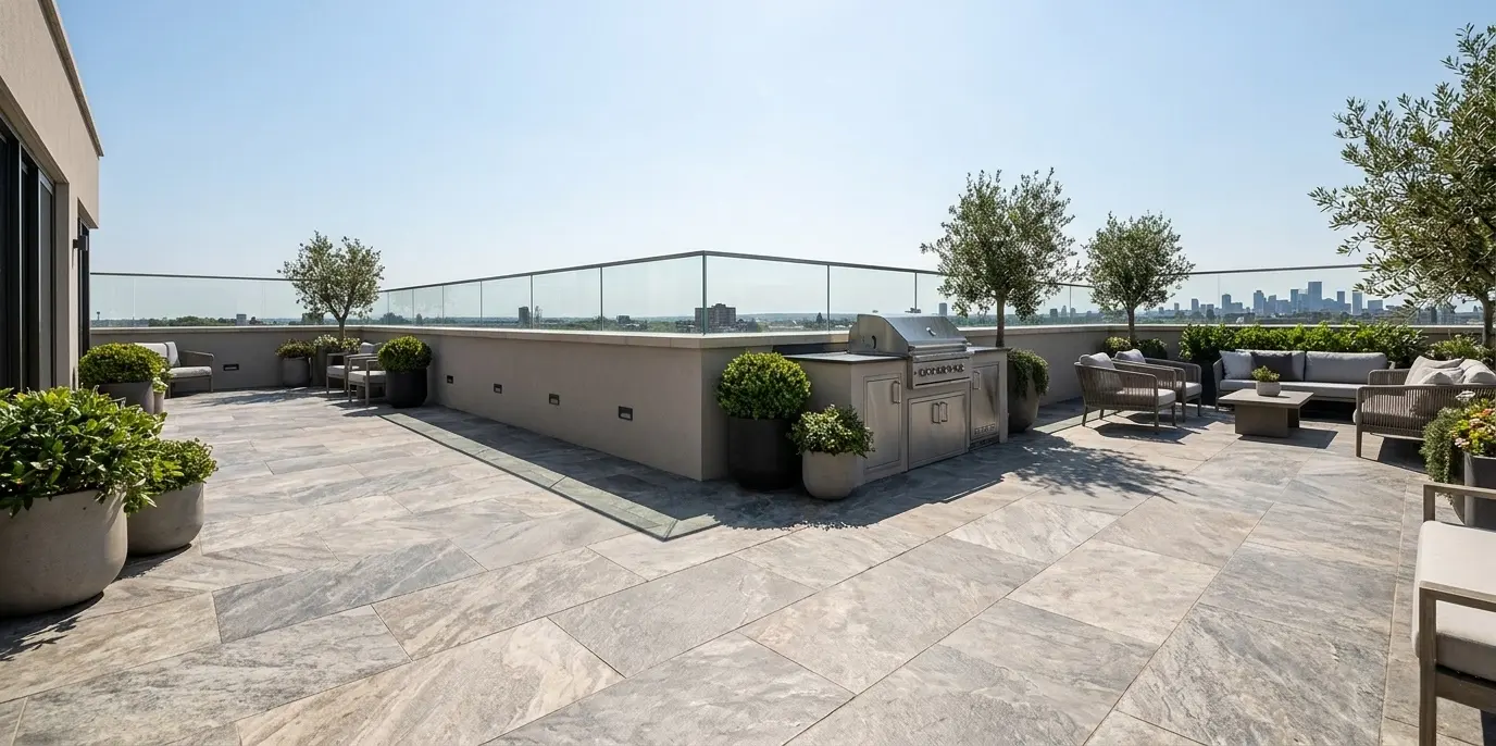 Leathered quartzite natural stone slabs covering a rooftop terrace