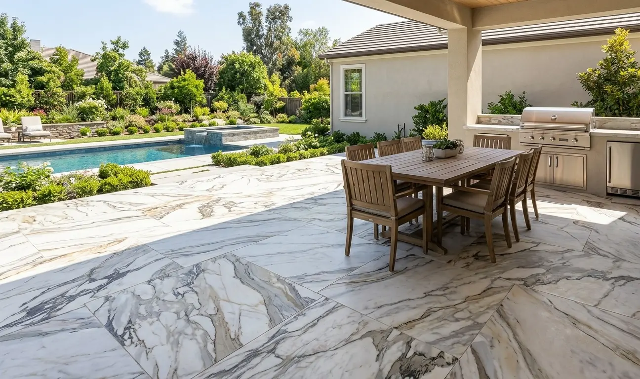 Large-format quartzite slabs installed on a residential patio