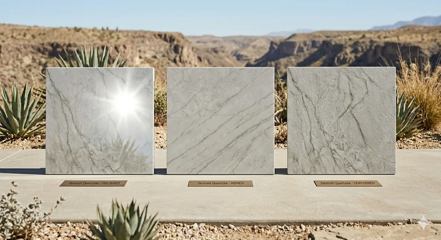 Zermatt Quartzite For Outdoor Use polished honed and leathered finish samples in outdoor dayligh