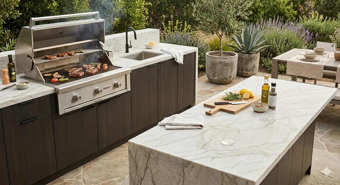 Zermatt Quartzite For Outdoor Use as honed outdoor kitchen countertop with stainless grill setup