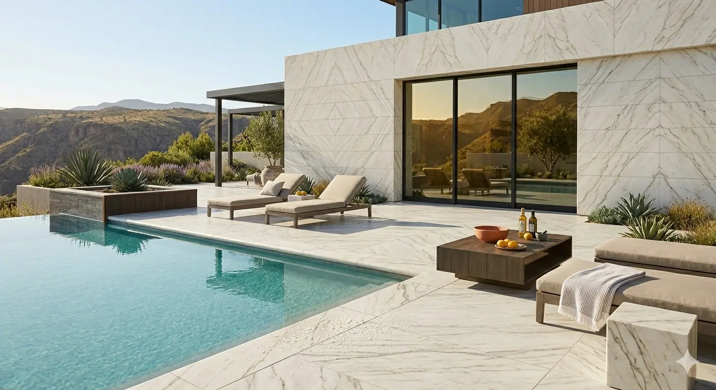 Zermatt Quartzite Outdoor Stone pool surround and exterior wall cladding in residential backyard setting