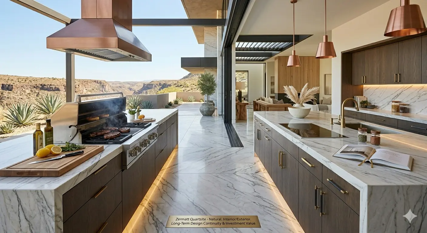 Zermatt Quartzite Outdoor Stone transitioning from outdoor patio into indoor kitchen island surface