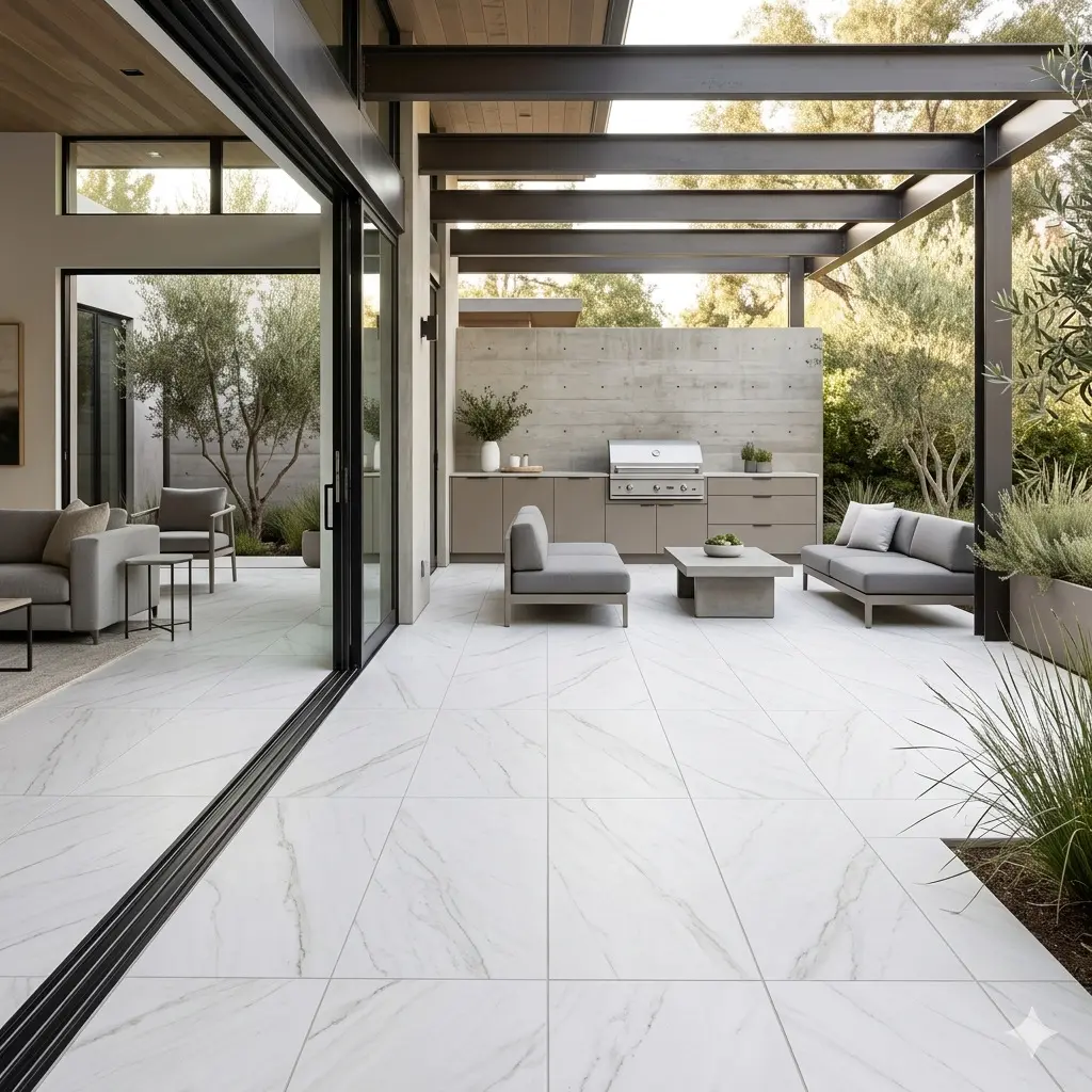 Zermatt Quartzite Patio straight grid slab layout on covered outdoor patio with indoor transition