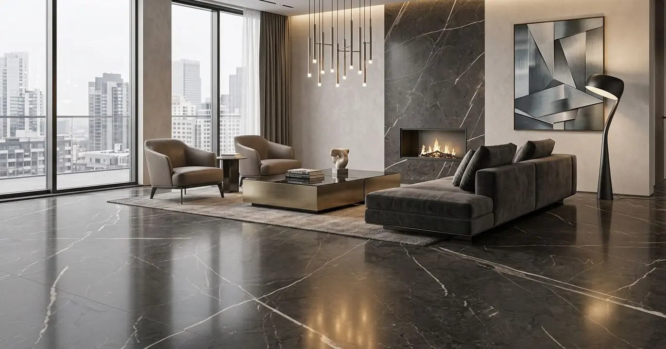 Luxury living room with polished graphite marble floors