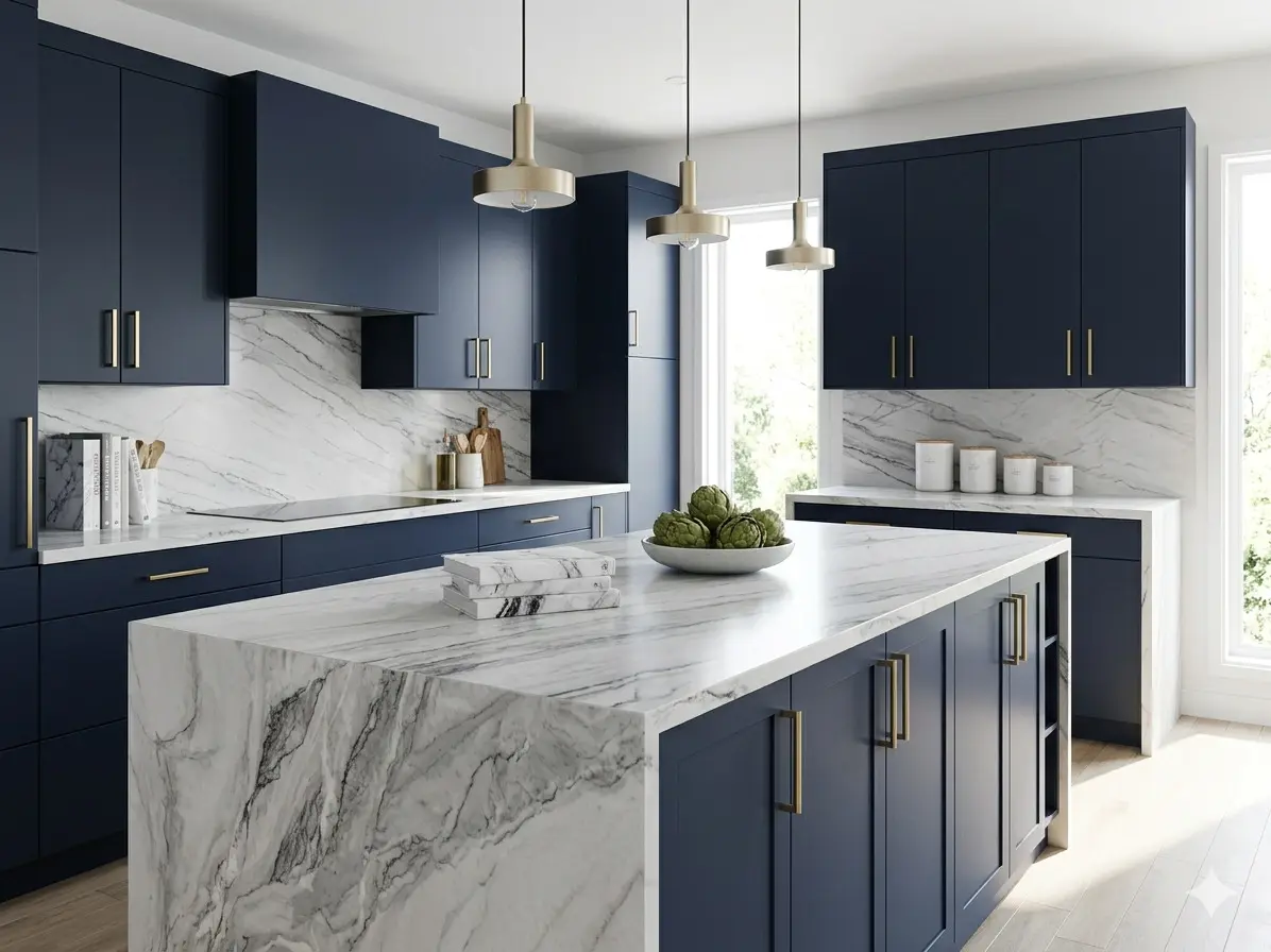 Zermatt Quartzite Gray Veined countertop paired with dark navy cabinetry in transitional kitchen