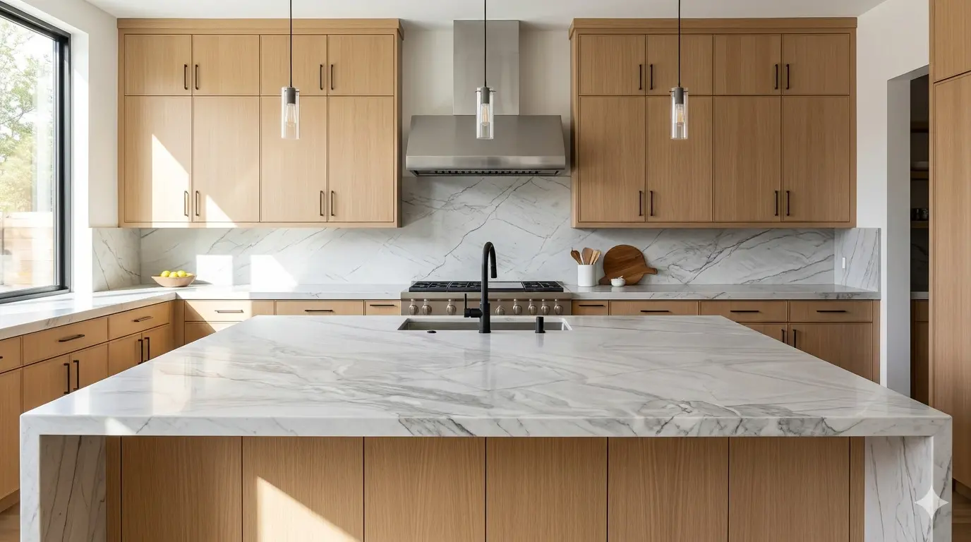 Zermatt Quartzite Gray Veined polished countertop with natural veining in modern kitche