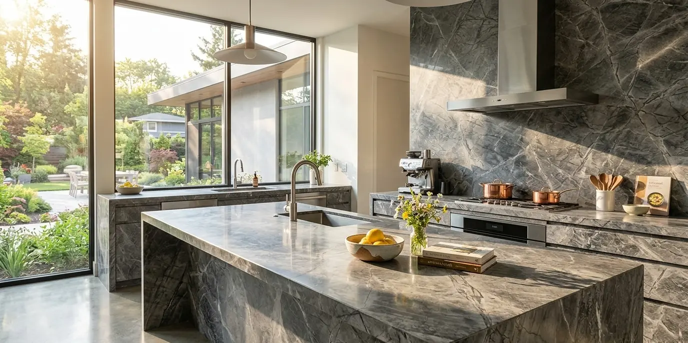 Close-up of graphite marble slab surface showing natural deep gray veining