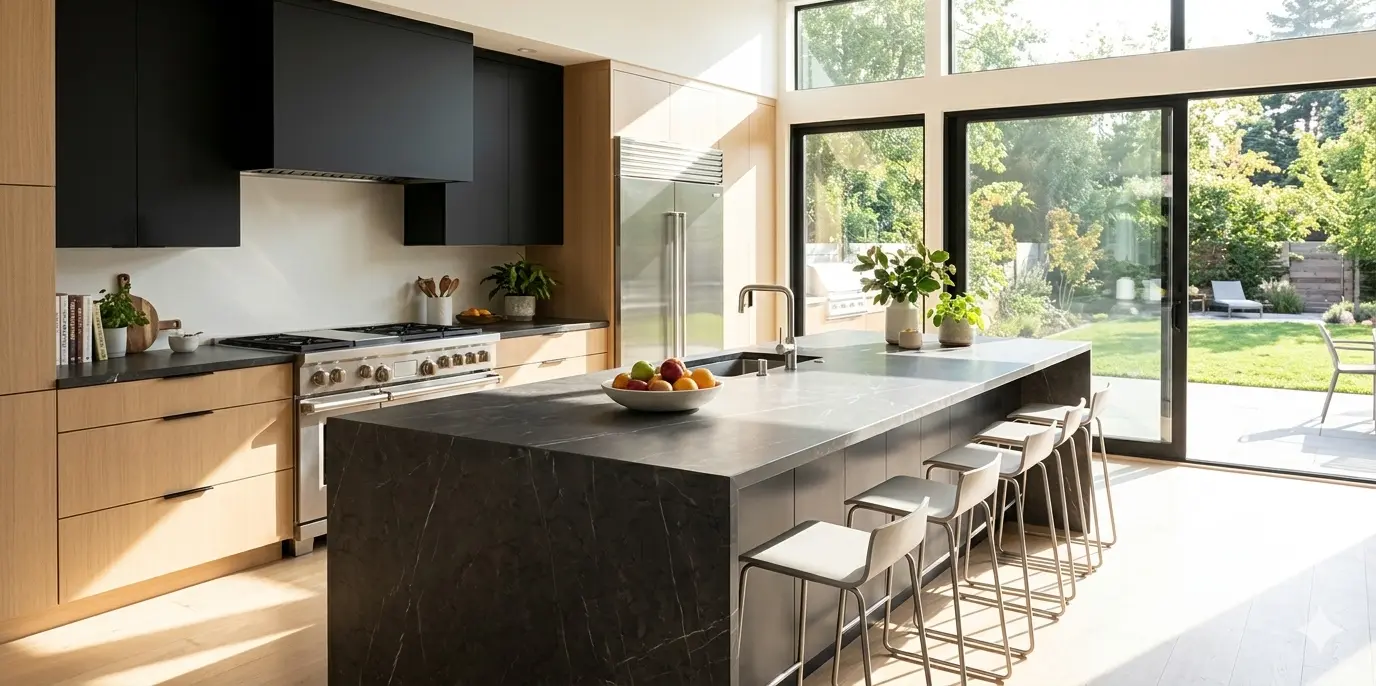 Honed graphite marble slab installed as kitchen island countertop