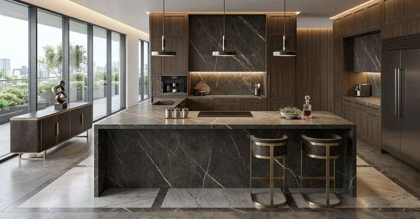 Dark gray graphite marble kitchen island with matching backsplash and warm wood cabinets