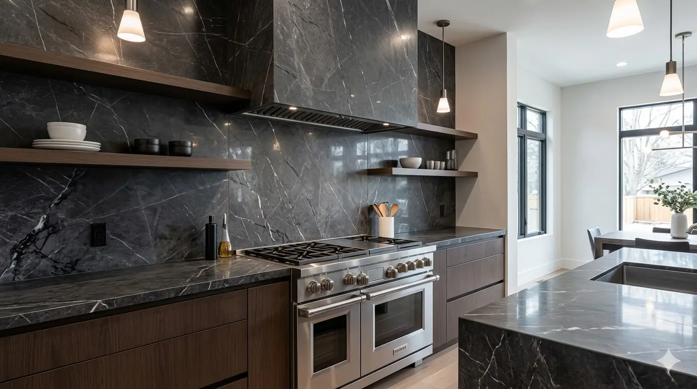 Elegant Dark Gray Marble kitchen surfaces paired with dark wood cabinetry and professional stainless steel range