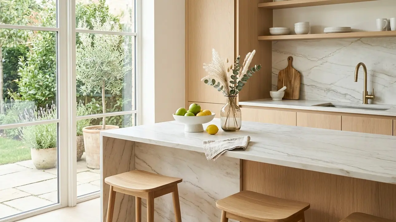 Zermatt Quartzite UV Resistant Stone as modern kitchen countertop surface with light natural cabinetry