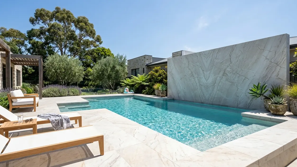 Zermatt Quartzite UV Resistant Stone installed as outdoor pool surround in direct sunlight setting
