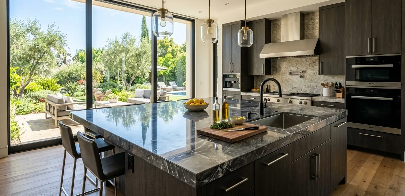 Polished graphite marble in kitchen island