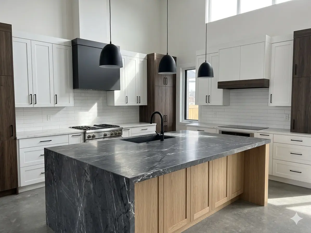 Dark marble countertop pairing with white cabinets
