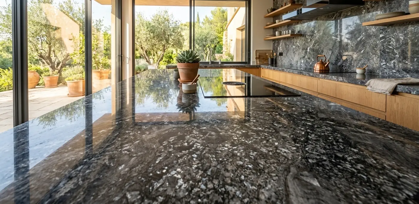 Close-up of polished graphite marble surface showing reflective finish