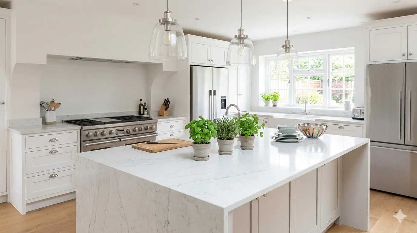 Bright white kitchen featuring a natural stone countertop with green plants displayed