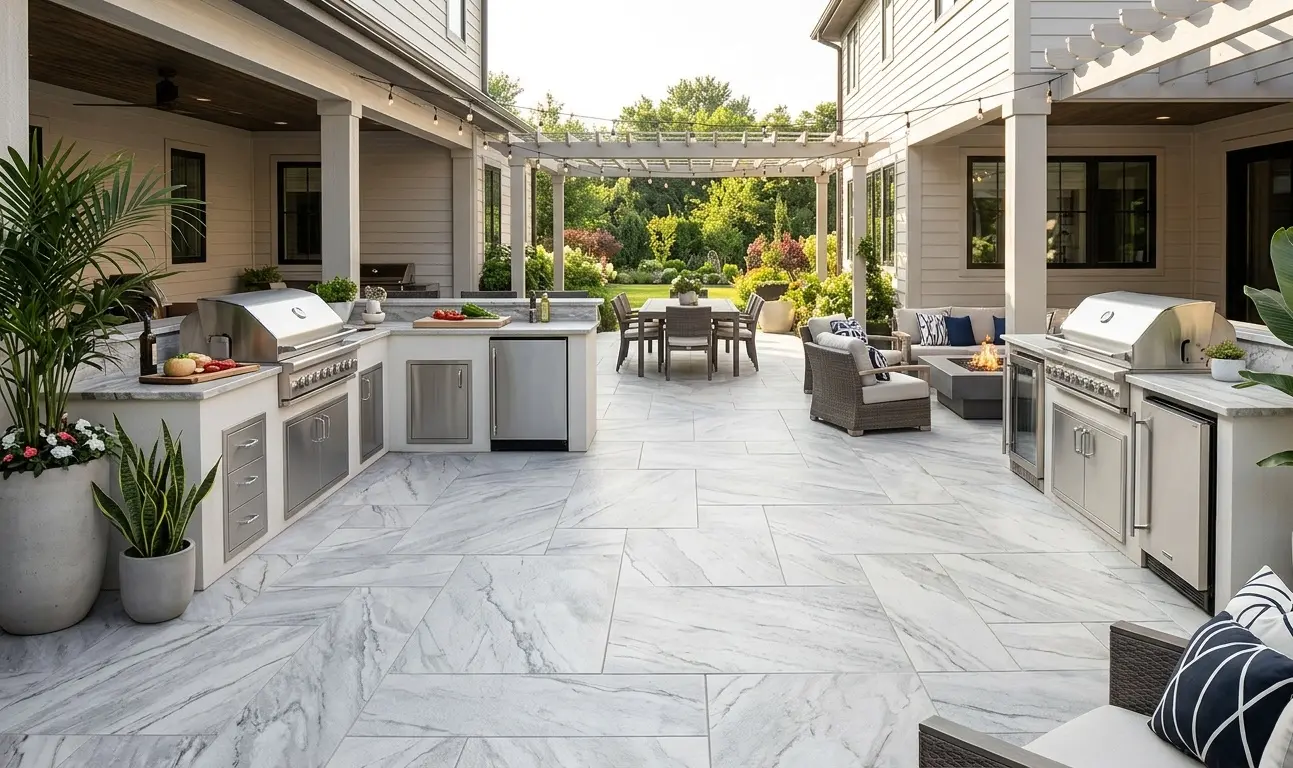 Outdoor patio installed with large-format Zermatt quartzite slabs