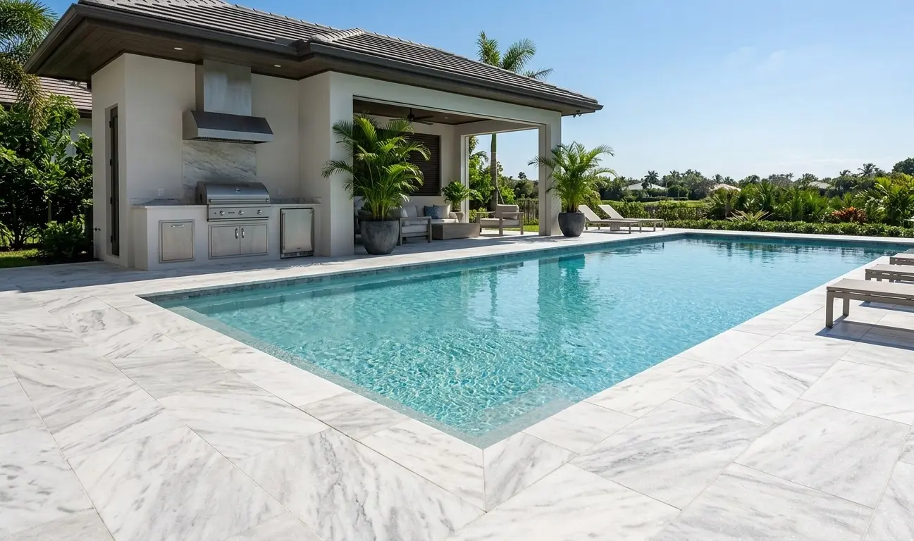 Pool deck surface using honed Zermatt quartzite
