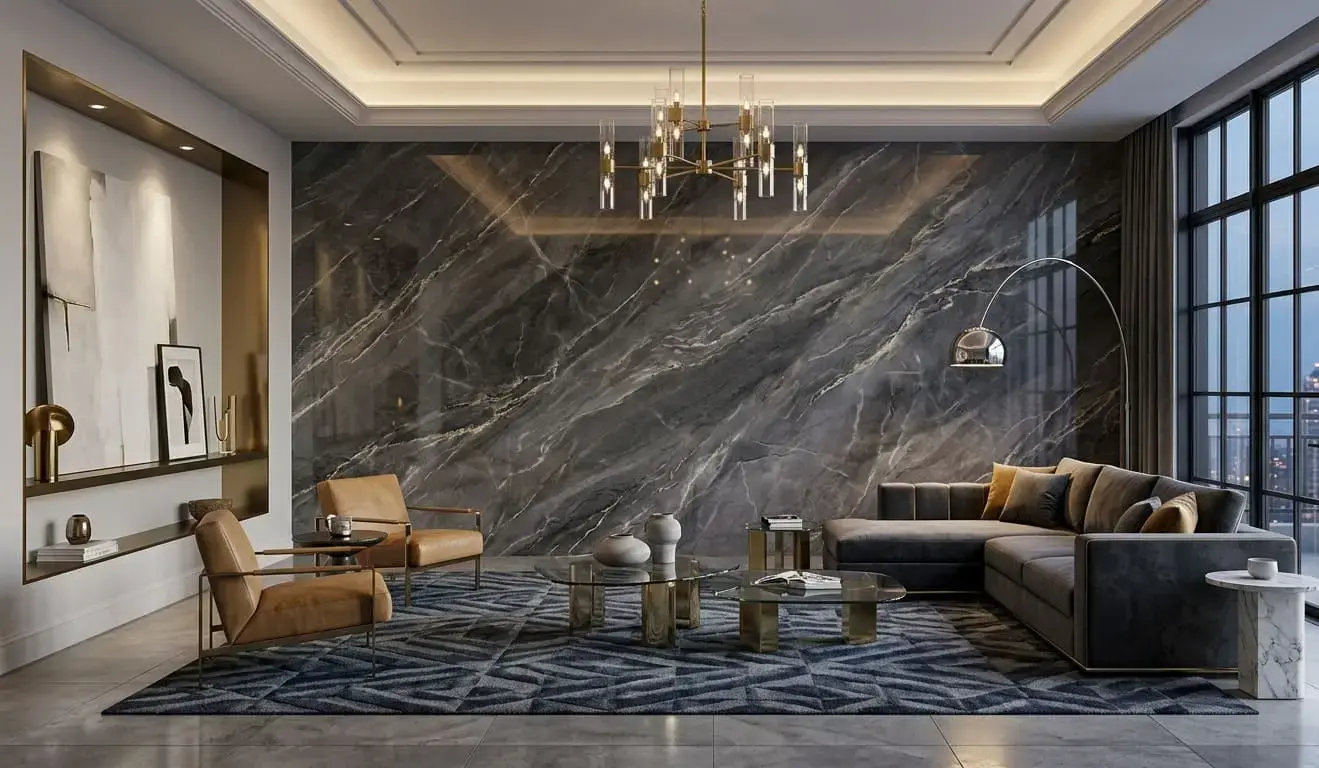 Luxury Graphite Marble Living Room Wall with a large polished slab and modern gold chandelier