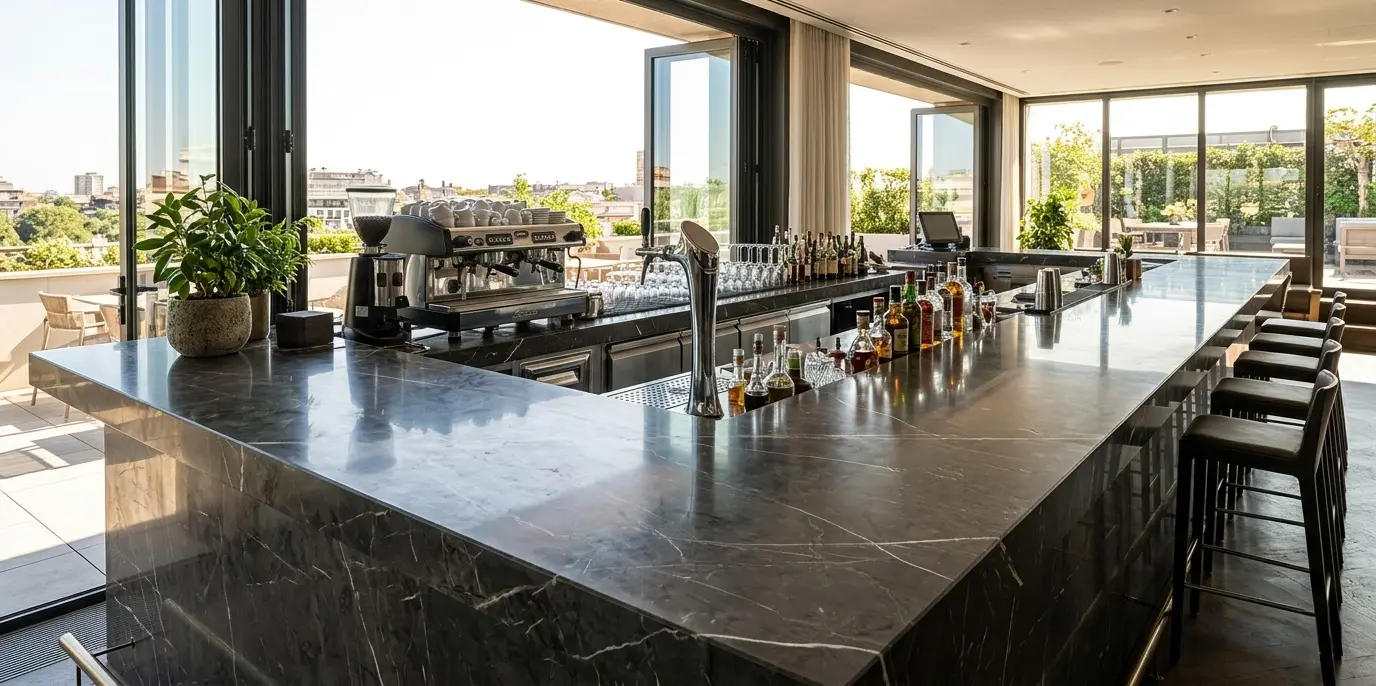 Graphite marble bar top slab in deep gray with polished finish