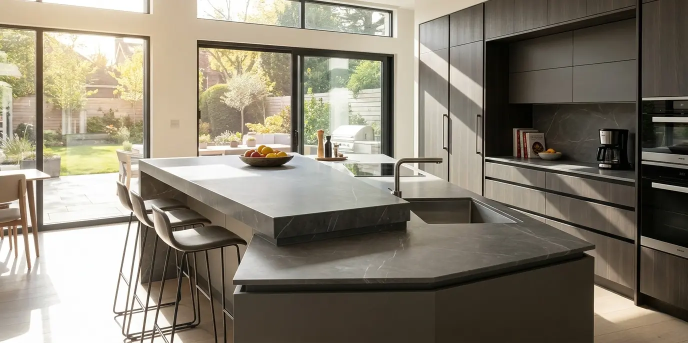 Honed graphite marble bar top with matte gray surface