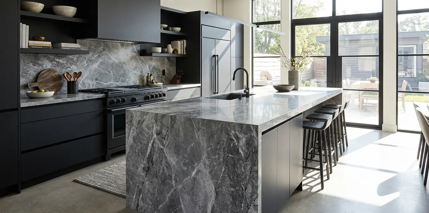 Deep gray marble slab countertop with waterfall edge