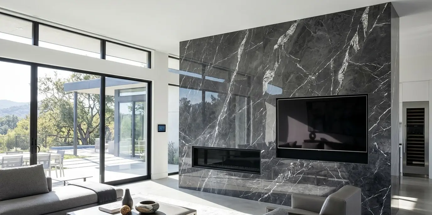 Polished graphite marble accent wall in a modern living room