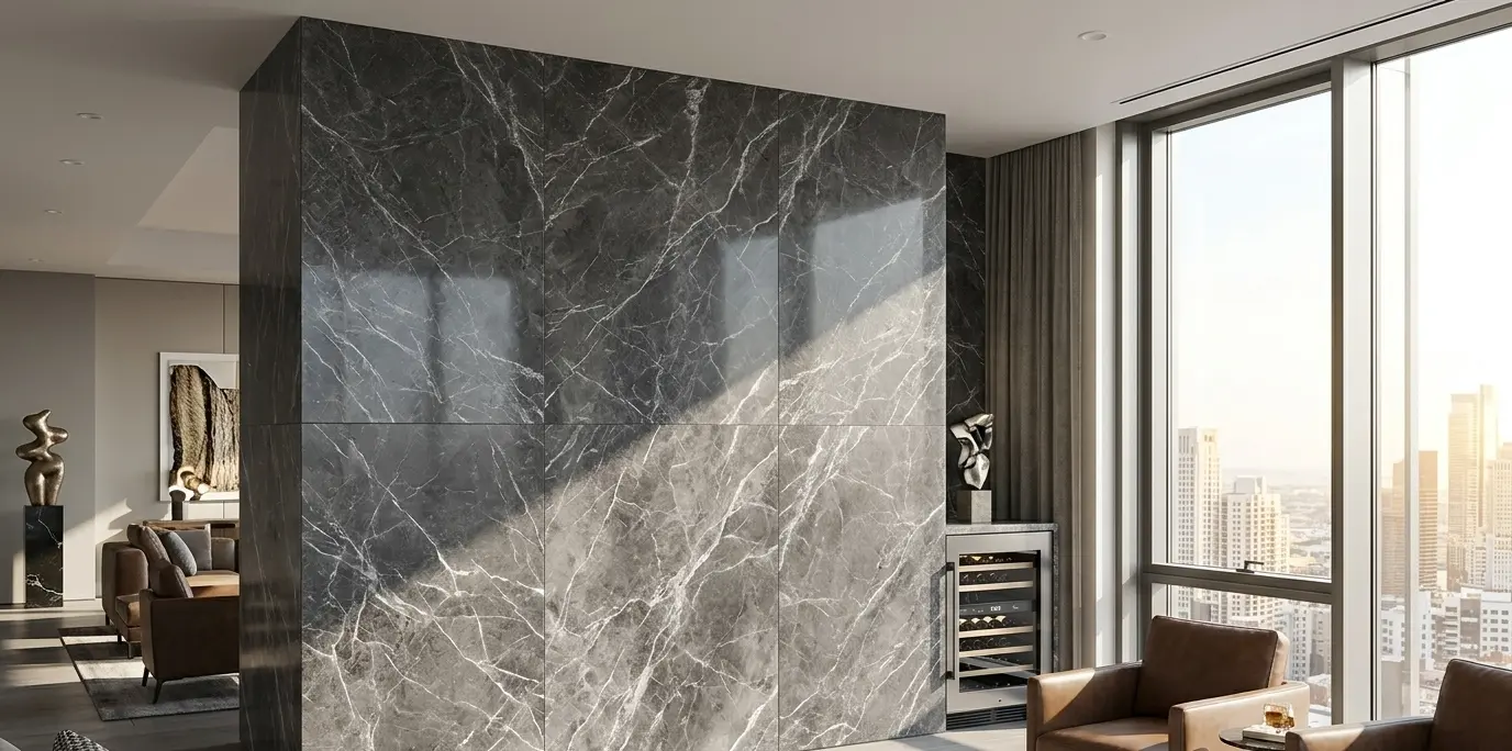 Graphite marble wall panel with natural deep gray base tone and distinctive silver veining