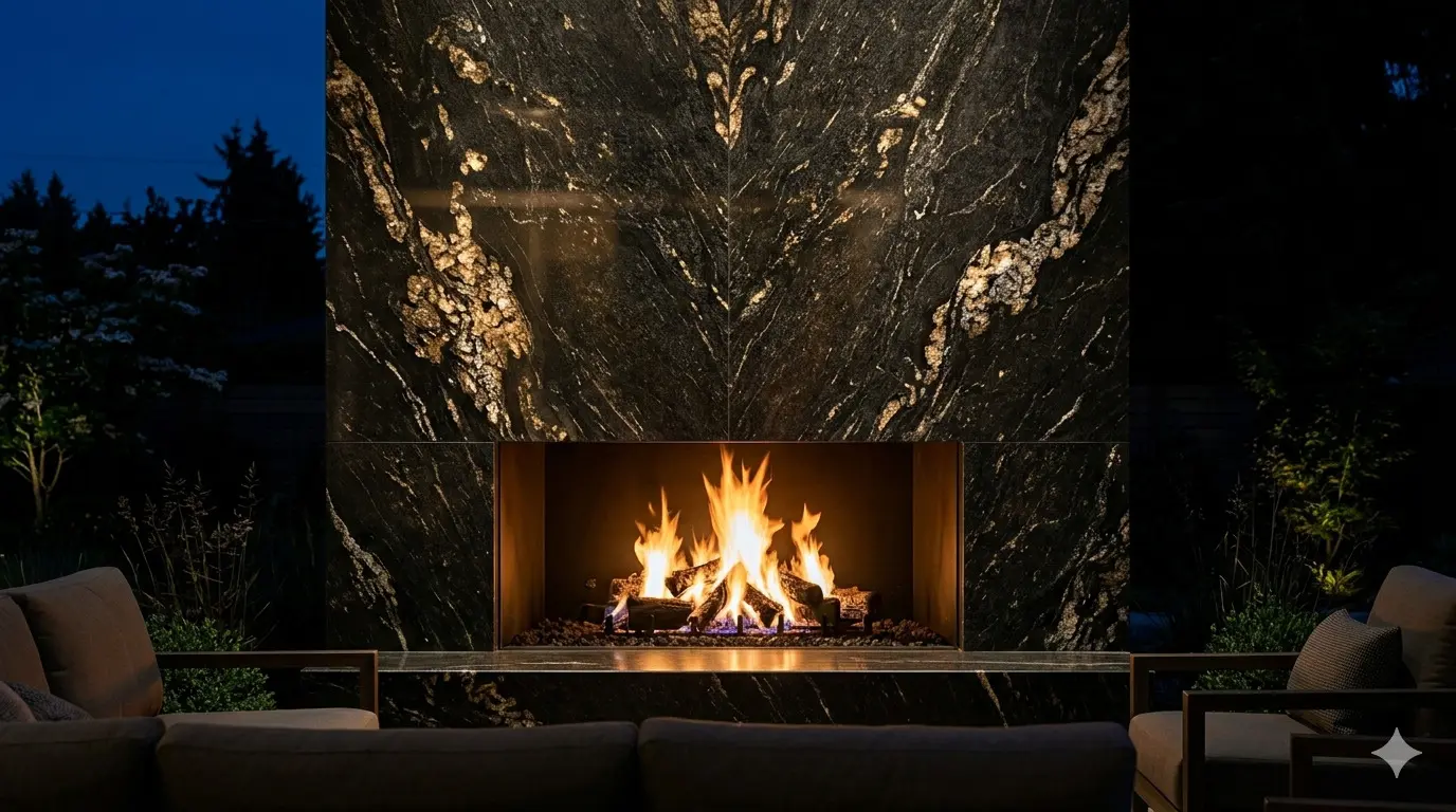 Outdoor granite fireplace surround with gold veining lit up at night