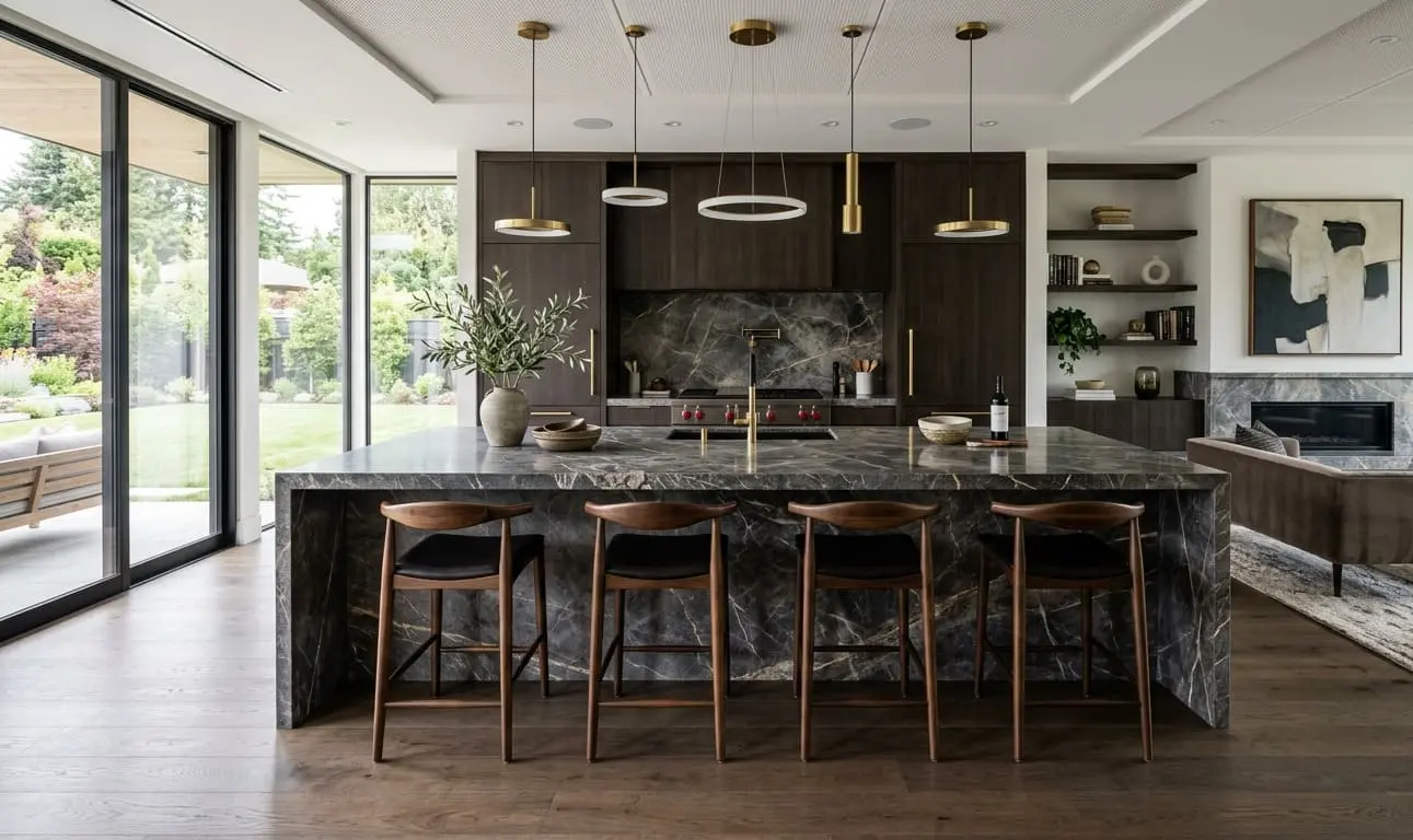 Kitchen and living space with stunning Graphite marble waterfall island