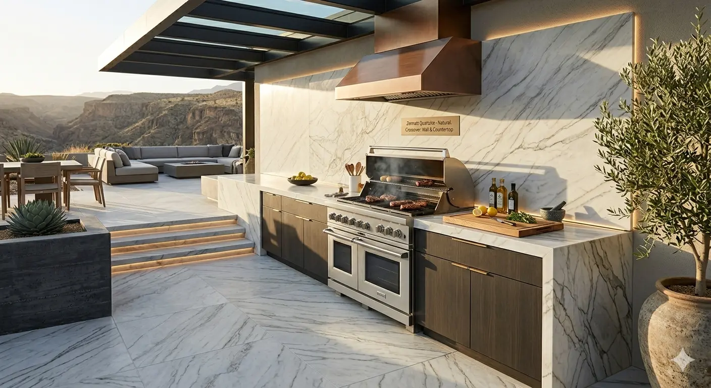 Outdoor kitchen with Zermatt quartzite countertop, wall, and floor against a desert canyon view