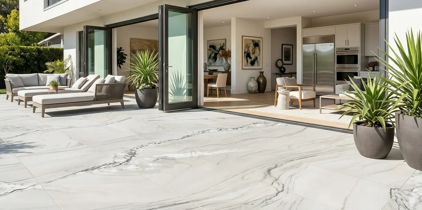 Modern outdoor living space featuring white quartzite stone patio tiles