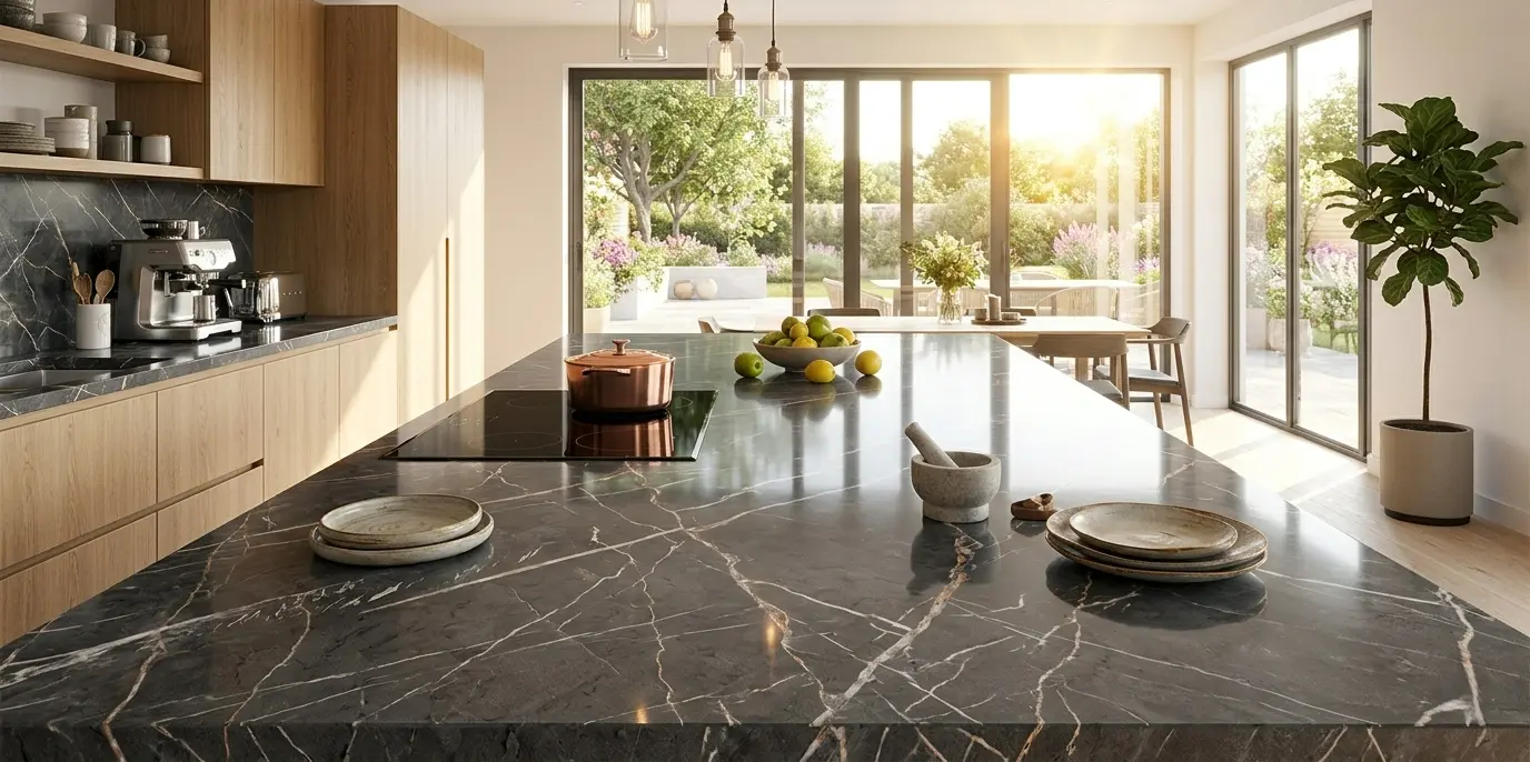 Dark natural stone kitchen island and countertops with white veining