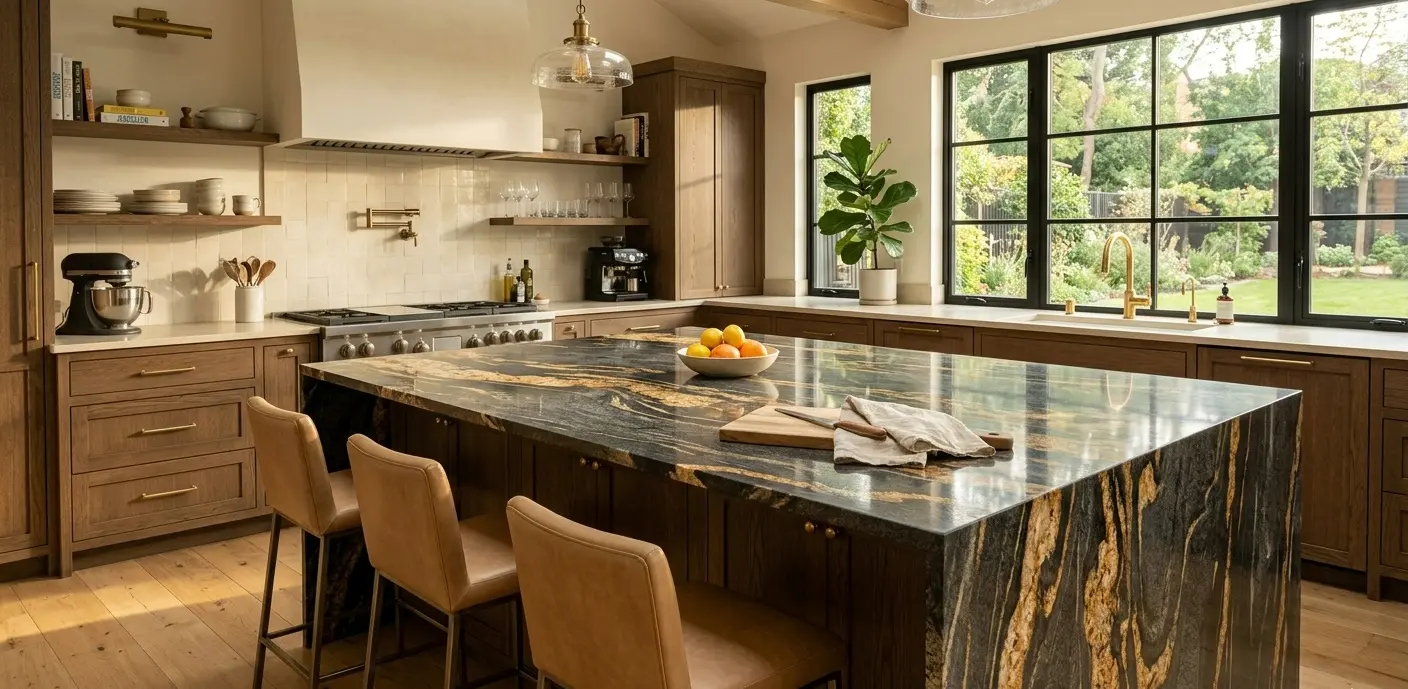 Bold natural stone kitchen island with green and gold veining