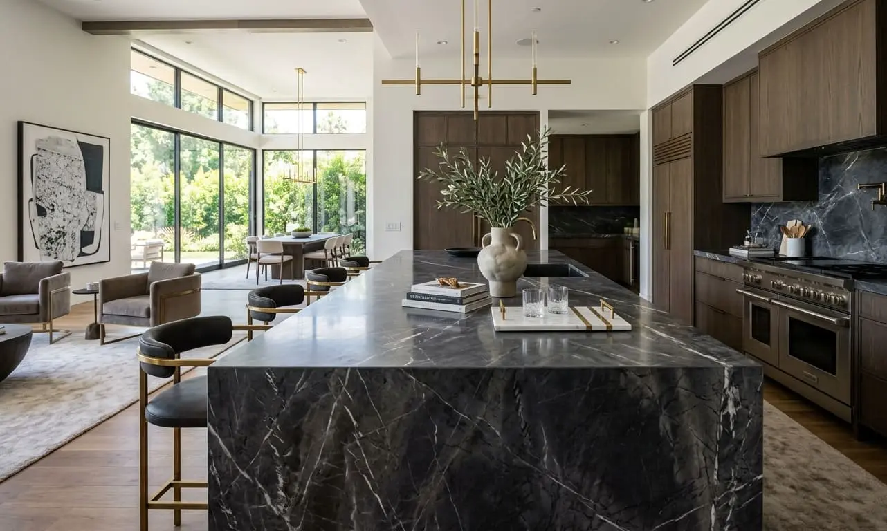 Open-plan home with large graphite marble island countertop in the kitchen