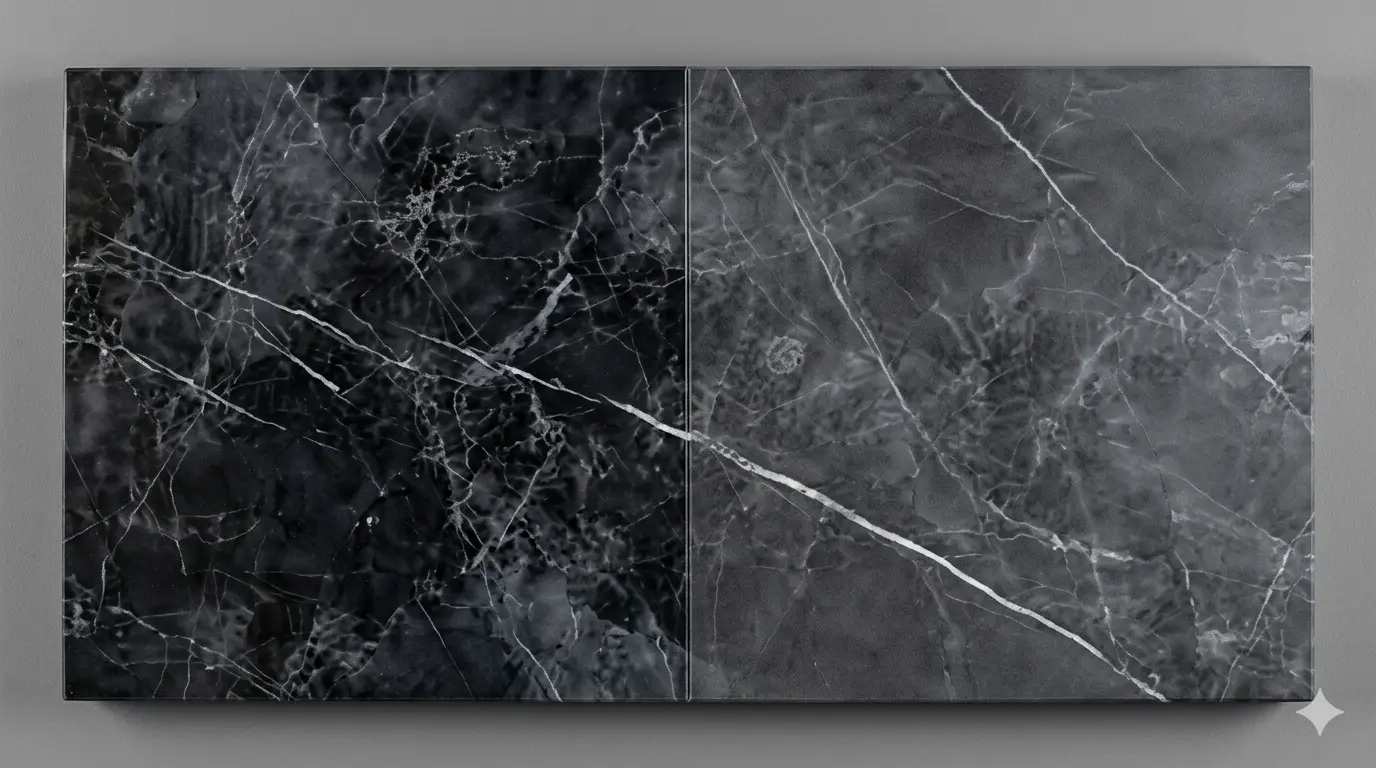 Charcoal Graphite Marble slab surface showing polished and honed finish detail comparison