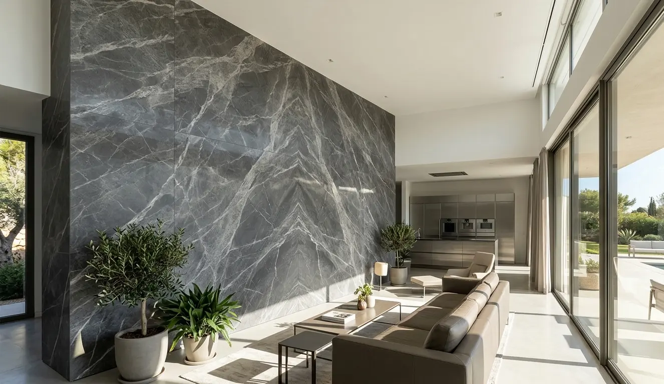 Luxury living room featuring a stunning Silver Veined Graphite Marble feature wall and seating.
