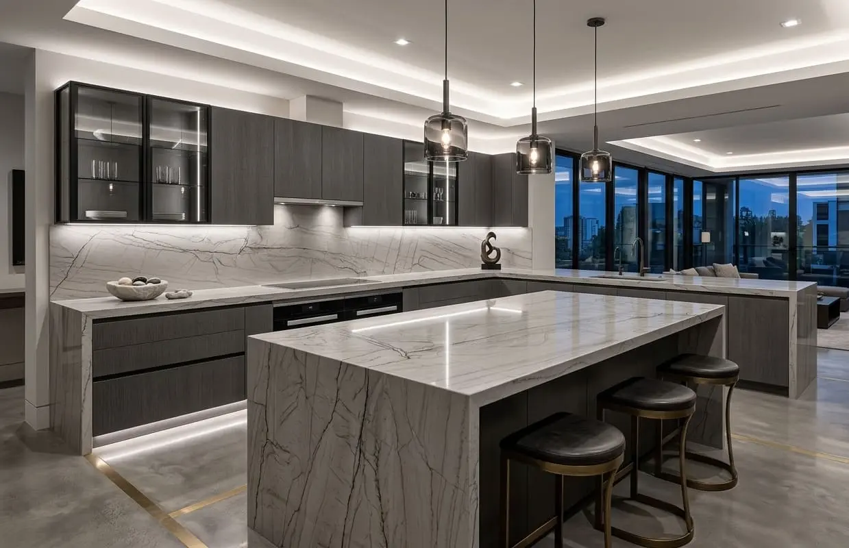 Kitchen with Zermatt quartzite countertops and backsplash