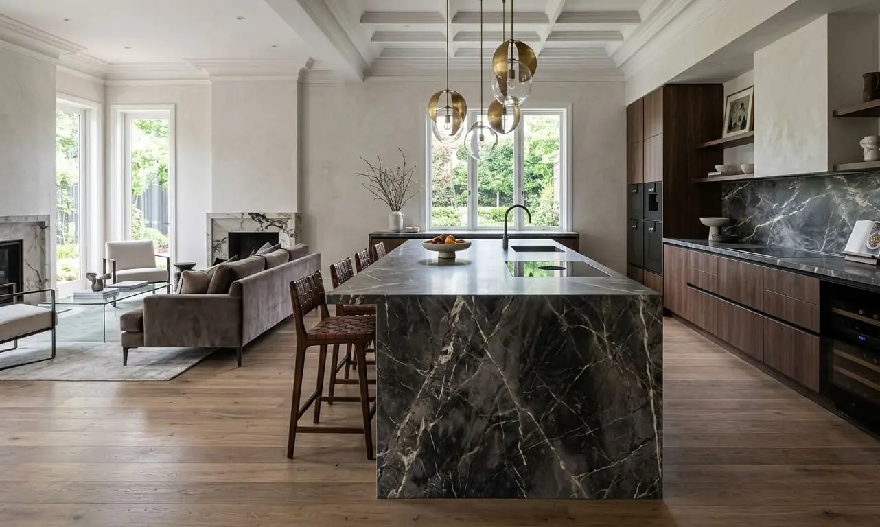 Graphite marble in kitchen waterfall island