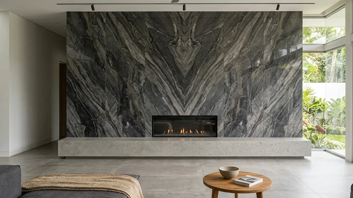 Silver veined graphite marble feature wall behind a modern indoor fireplace surround