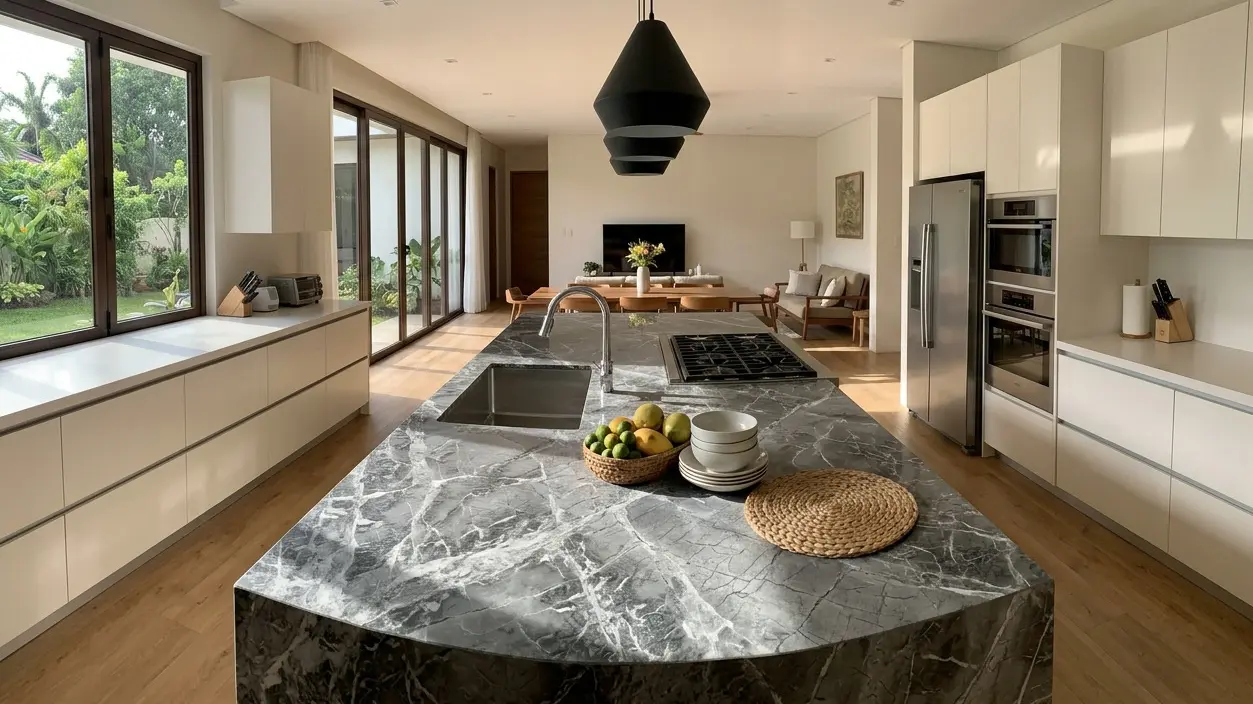 Silver Veined Graphite Marble island countertop in a contemporary kitchen with white cabinetry
