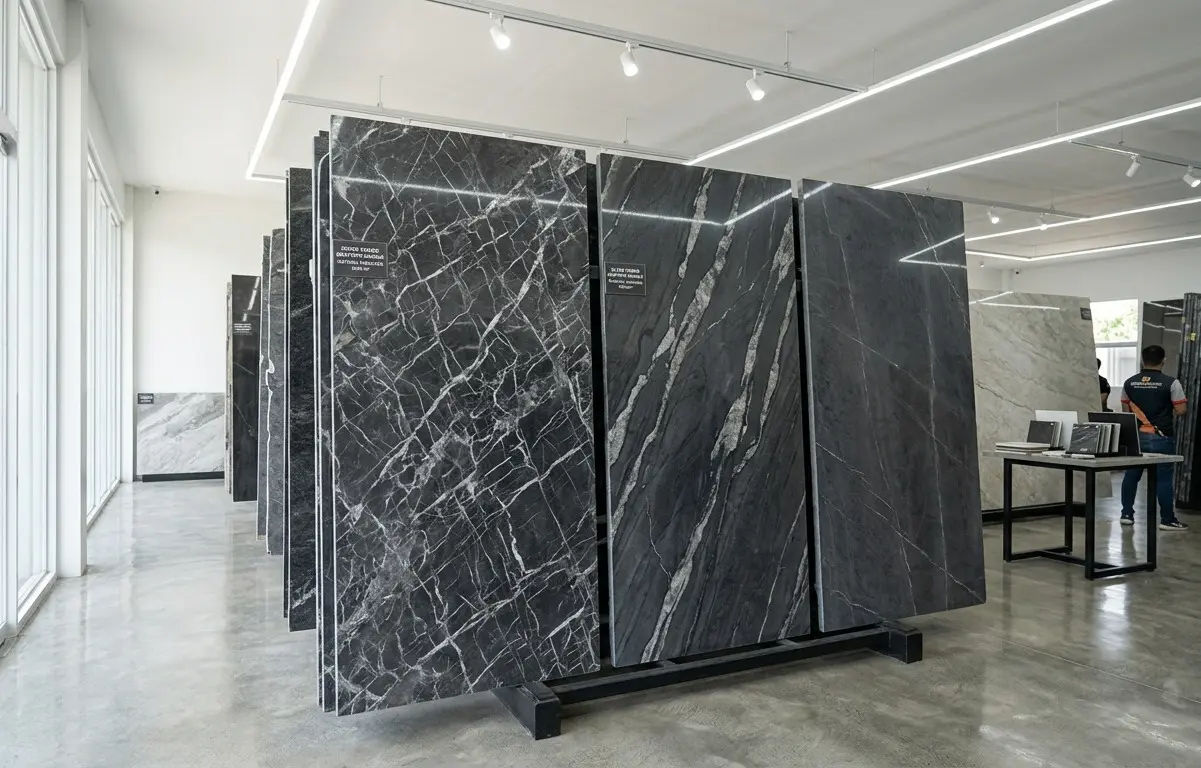 Silver Veined Graphite Marble slabs on display in a stone showroom slab inventory rack