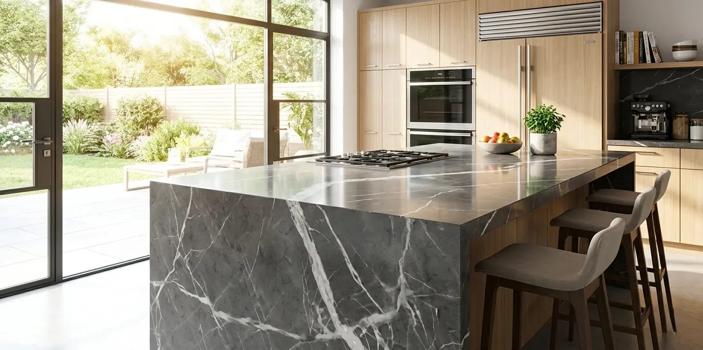 Graphite marble kitchen island with polished deep gray surface