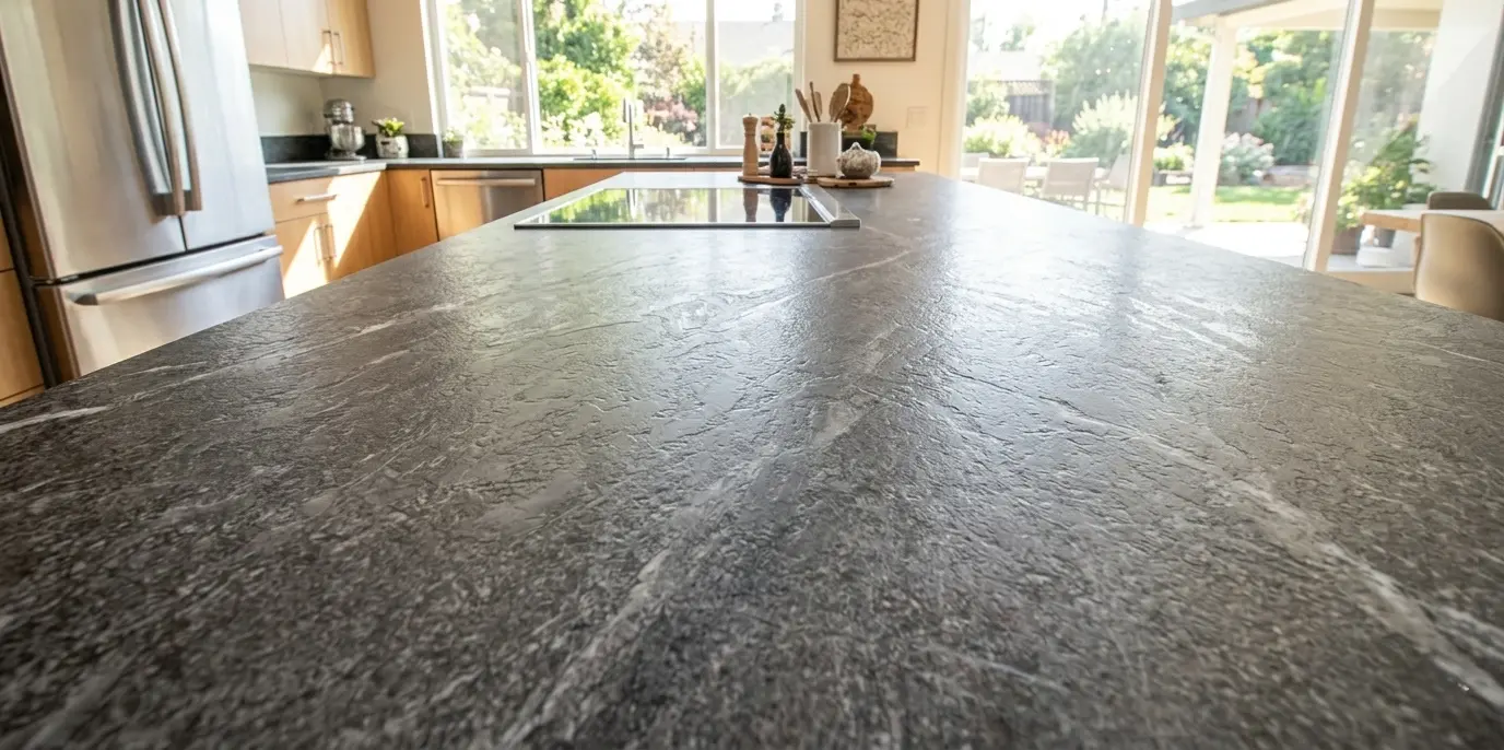 Leathered Graphite Marble kitchen island countertop in a bright modern kitchen
