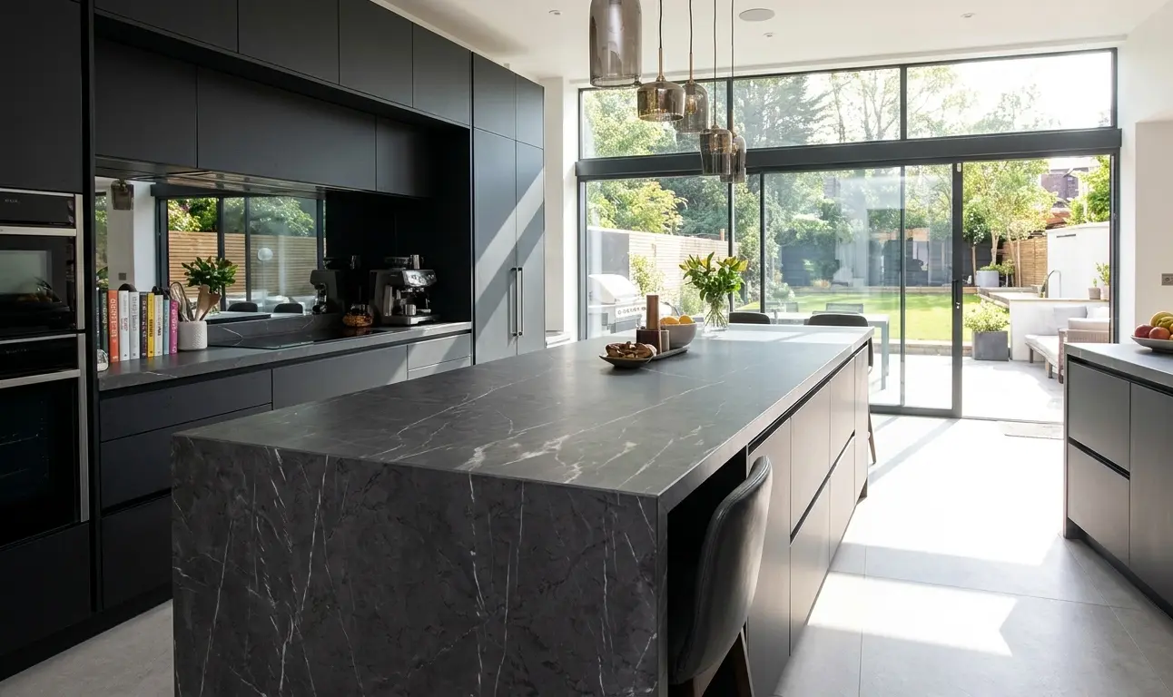 Honed graphite marble kitchen island slab in modern kitchen