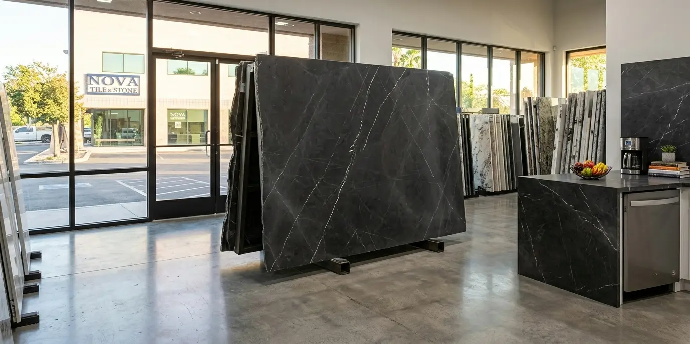Graphite marble slab on display in a stone showroom