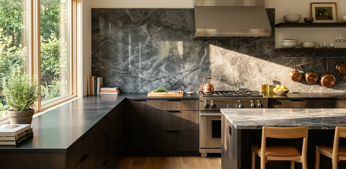 Graphite marble kitchen backsplash slab in polished finish